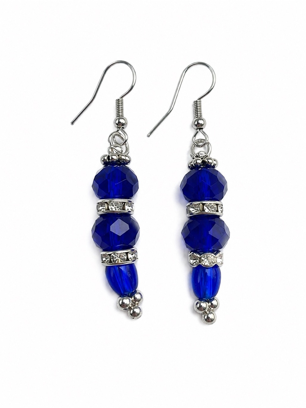 Handcrafted Earrings Faceted Crystal Bead Drop Blue Silver Tone Elegant